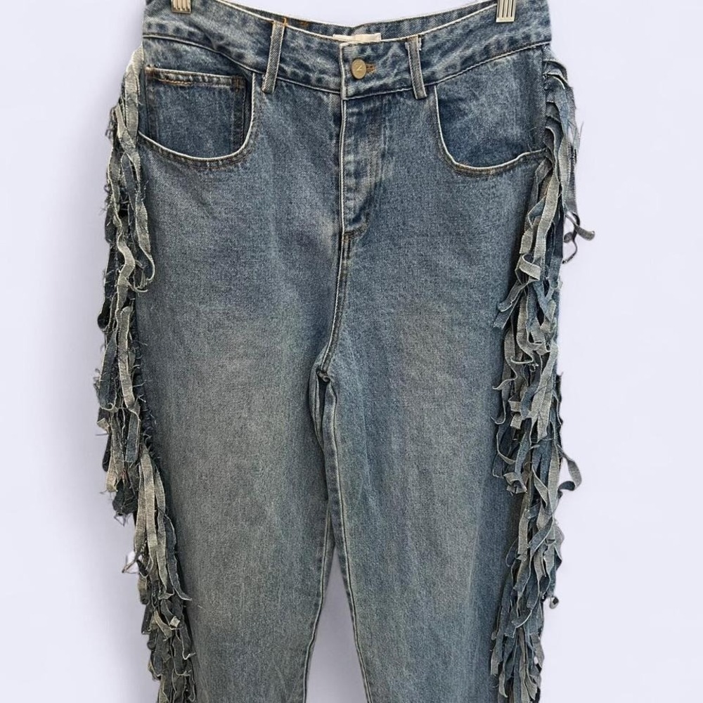 Nichole Lynel Shimmy Denim Fringe Jeans, Size M